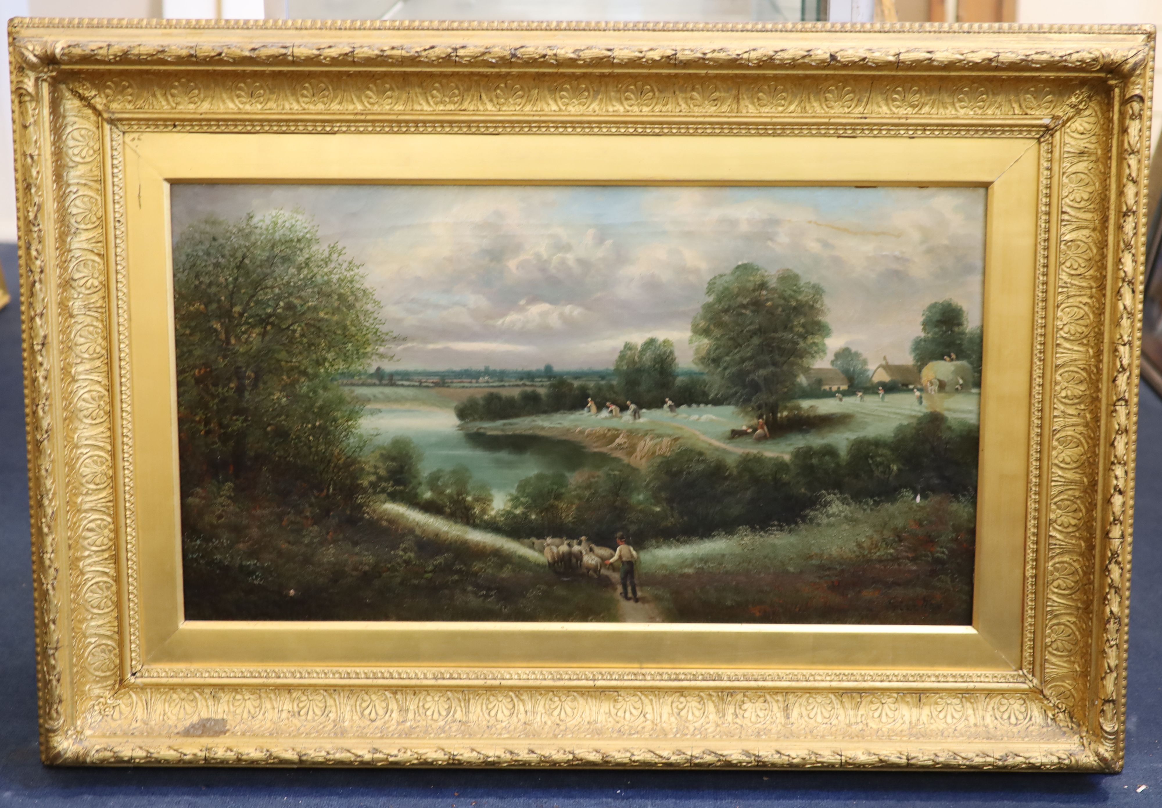 Edward Priestley (1820-1880) Extensive landscape with shepherd and flock, harvesters and haycart crossing a river 17.5 x 31.75in.